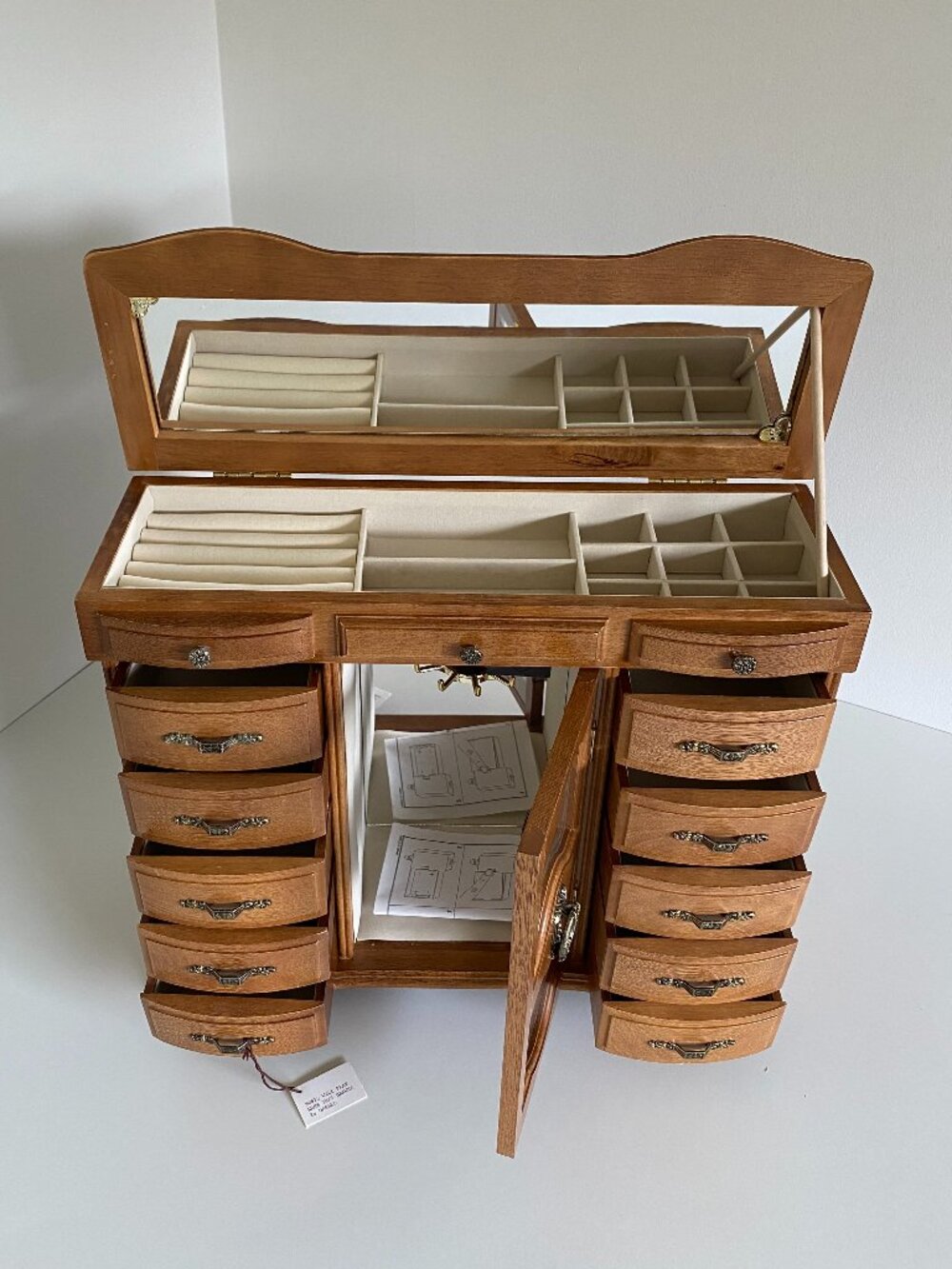 Vintage Wooden Musical Jewelry Box Armoire Light-Up Rotating Necklace Carousel